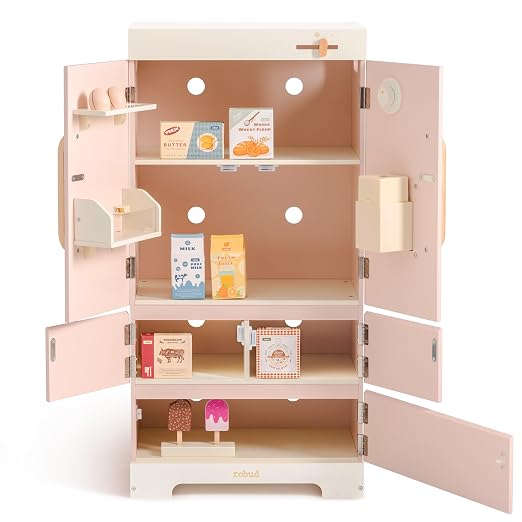 ROBUD Wooden Play Fridge, Kitchen Toy Fridge Freezer Set with Ice Maker, Play Kitchen Refrigerator, Kitchen Playset Gift for Kids & Toddlers, Age 3+ (Pink)