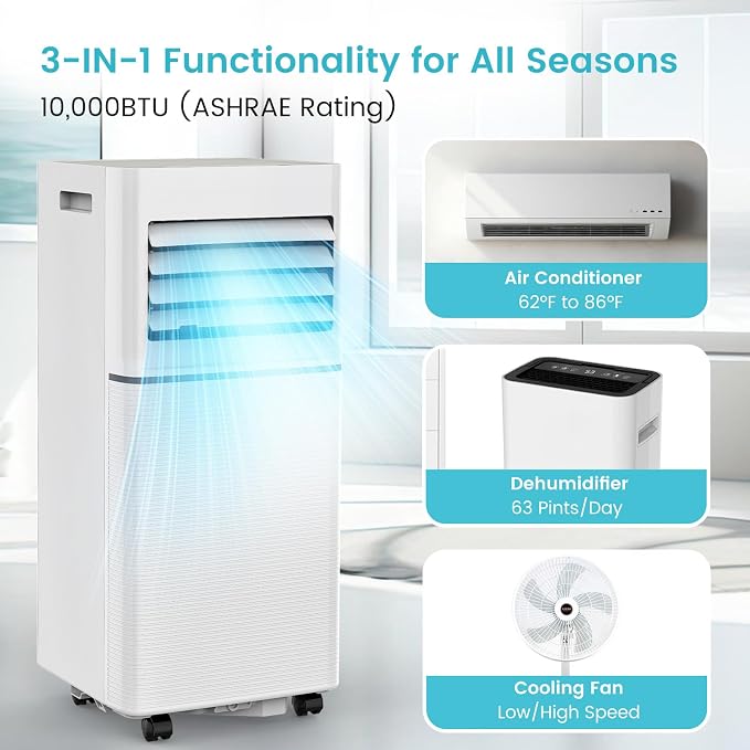 Electactic Portable Air Conditioner, 10000 BTU 3-in-1 AC Unit with Dehumidifier Fan LED Display, Remote Control, Quiet, Sleep Mode, 360° Casters, Window Kit for Room Office Apartment