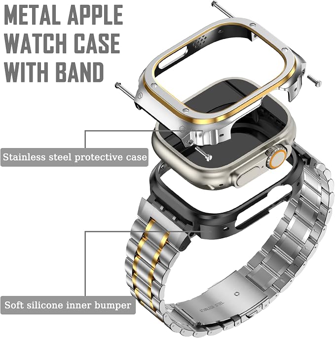MioHHR Stainless Steel Watch Band with Case Compatible with Apple Watch Ultra3 2 1(49mm),Rugged Strap with Metal Protective Bumper Cover for iWatch Band Men(Silver/Gold)