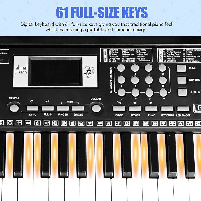 Keyboard Piano 61 Lighted Keys, Electric Keyboard Kit with 100 Voices, 100 Rhythms - Built-In Speaker, Microphone, Sheet Stand and Power Supply, Gift for Children Beginners [Black, Piano Only]