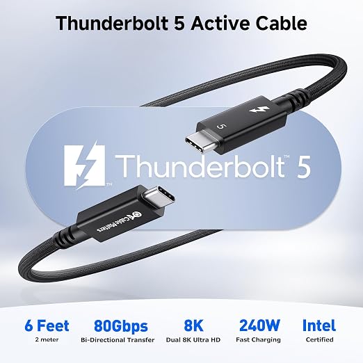 Cable Matters [Intel Certified] 80Gbps Active Thunderbolt 5 Cable - 6.6ft / 2m, Supports up to 120Gbps Bandwidth Boost, 240W Charging, 8K Video, Compatible with Thunderbolt 4/3, USB4, and USB-C