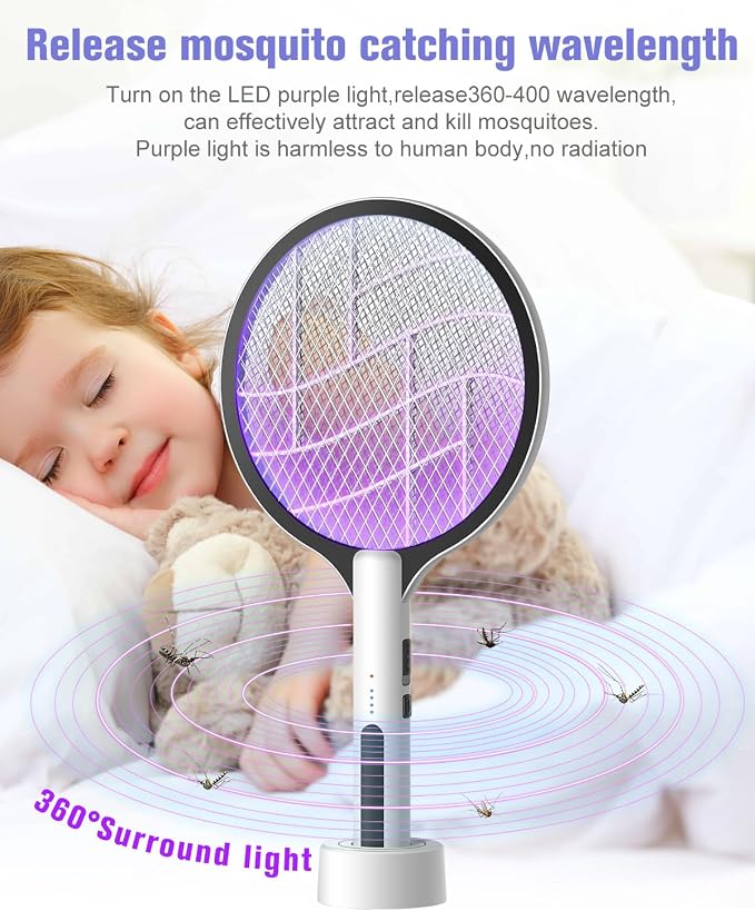 2PACK Electric Fly Swatter 4500V Bug Zapper Racket, 2 in 1 Handheld Fly Zapper & Purple Mosquito Killer Rechargeable and 3-Layer Safety for Indoor Home Office Backyard Patio Camping