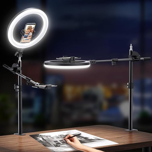 Ring Light with Stand and Phone Holder, Overhead Phone Mount, Phone Stand for Recording, 11” Circle LED Ring Light for Desk with Clamp for Live Streaming, Video Recording, Meeting, TikTok, YouTube
