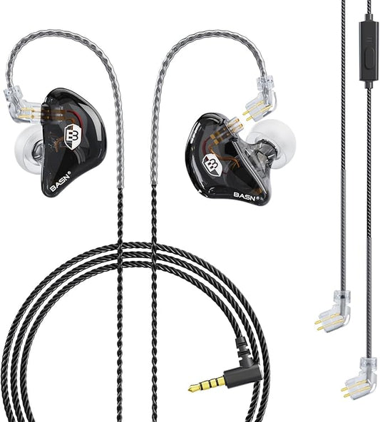 BASN Bsinger Professional in Ear Monitor Headphones, Dual Drivers 2-Pin IEM Earbuds with Mic, Clear Sound HiFi Earphones for Musicians Drummers and Stage (Black, 2-Pin)