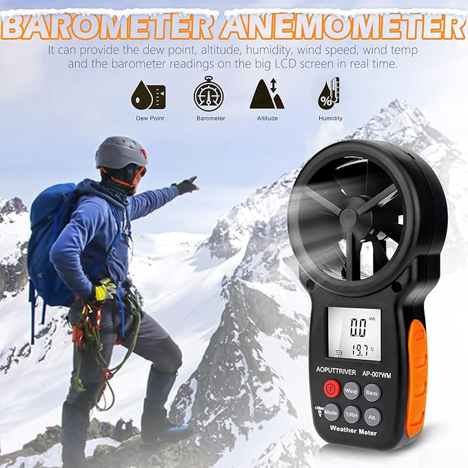 Digital Anemometer Barometer Pressure Gauge for Wind Speed Temperature/Humidity/Dew Point/Wind Chill/Altimeter Barometer with Backlight MAX MIN AVG AP-007WM