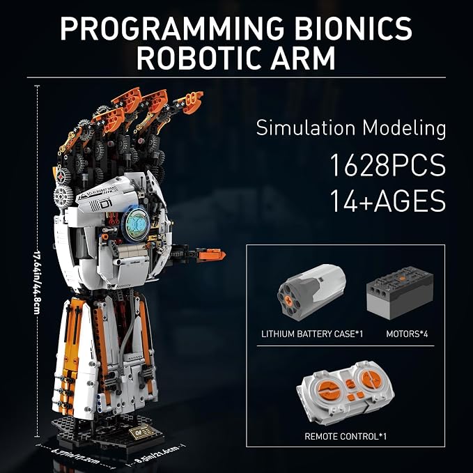 HIGH GODO Technical Mechanical Hand Building Set, STEM Programmable Bionic Robotic Arm Building Kit with Light, Remote Control and App Controlled, Cyber Style Mechanical Set for Adults (1628PCS)