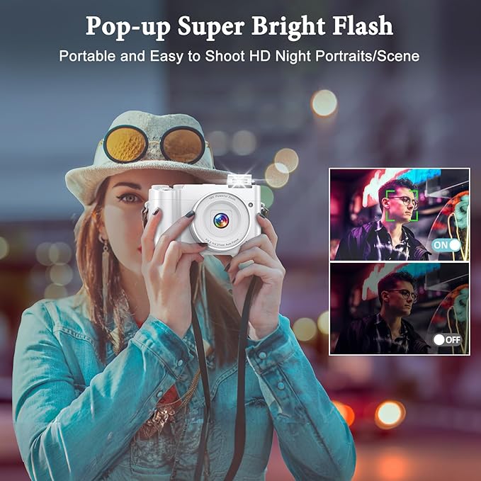4K Digital Camera - 64MP Front & Rear with Autofocus & Anti-Shake, 3'' Selfie Vlogging Camera, Ultra Bright Flash, 16X Zoom (White)