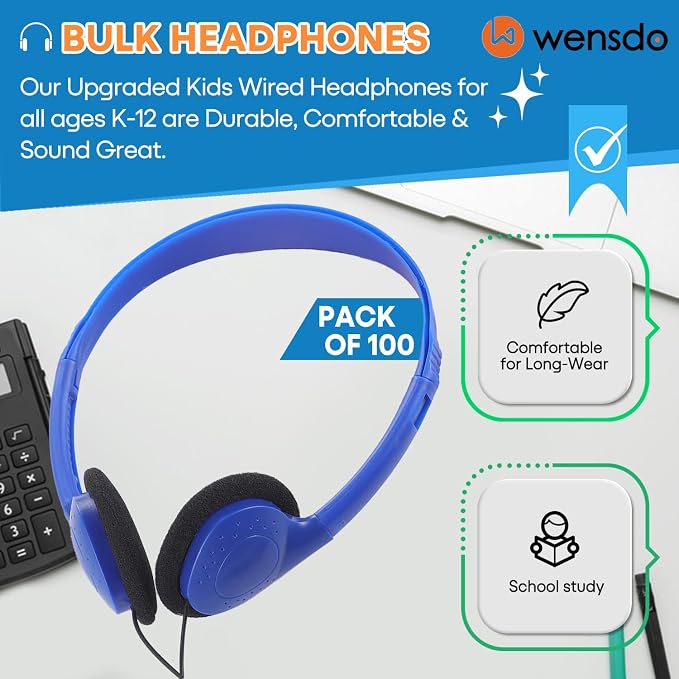 Kids Headphones Bulk 100 Pack for School Classroom Student Children Toddler Boys Girls Teen and Adults, Wholesale Wired Computer Earphones Class Set for Library Museums Airplane (HY857,100 Blue)