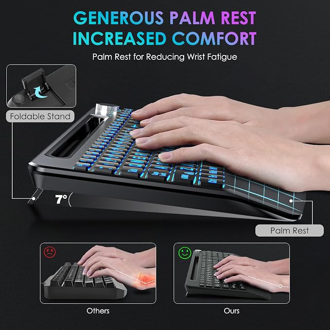 Lighted up Full Size 2.4G Wireless Keyboard and Mouse Combo, Rechargeable,with 7 Colored Backlits &Phone Holder &Wrist Rest &jiggler Mouse,for Mac Windows Laptop PC (Keyboard and Mouse Set)
