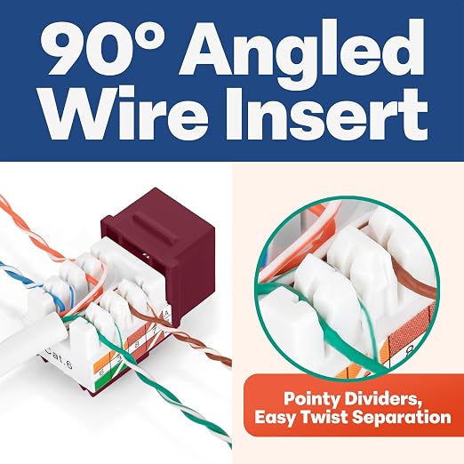 Everest 90° Angled RJ45 Cat6 Keystone Jacks 50-Pack in Red - Slim Profile Female RJ45 Connectors - Cat 6 Keystone Jack - Compatible with 90° Angled Speed Termination Tool - easyJACK (B094WB91H3)