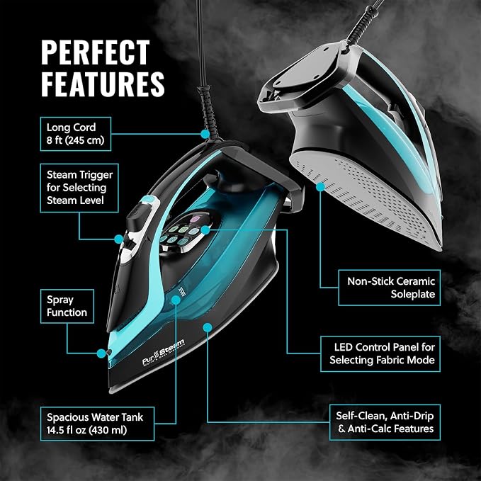 PurSteam SteamTech Elite 1750W Steam Iron, Digital Temp Control & LED Display, Ceramic Soleplate, Adjustable Steam, Self-Clean, Anti-Calc, Anti-Drip, Auto Shut-Off