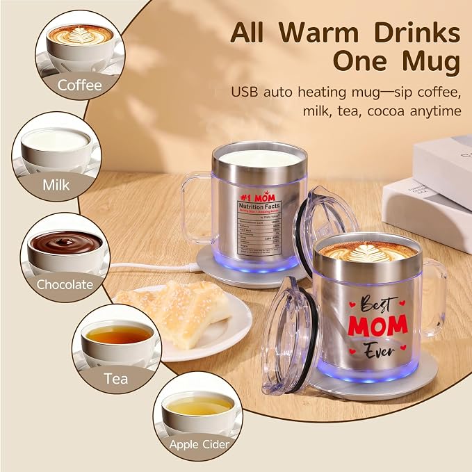 Mom Birthday Gifts, 12oz Self Heating Coffee Mug Featuring BEST MOM EVER, USB Electric Temperature Control Cup, Mothers Day Gift from Husband Daughter Son(Silver MOM-12oz)