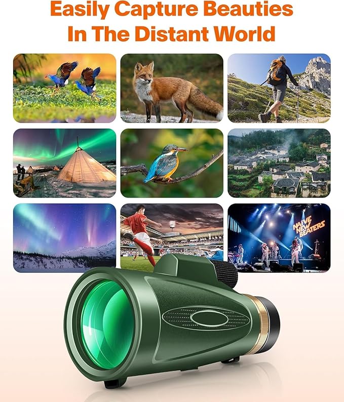 Monocular Telescope 80x100 High Power with Smartphone Adapter Tripod, Wide Field Monoculars for Adults with BAK4 Prism & FMC Lens, for Bird Watching Hiking Camping Wildlife-Green