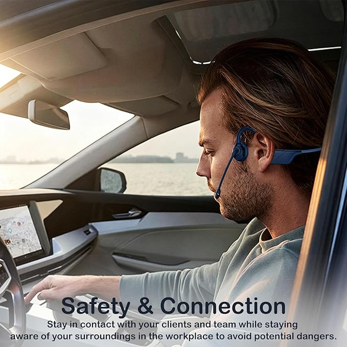 Meetings Open-Ear Headphones with Rotatable Noise-Canceling Boom Mic, Bone Conduction Bluetooth 5.4 Headphones with One-Touch Mute&Magnetic Charging for All-Day Use,Perfect for Driving Learning(Blue
