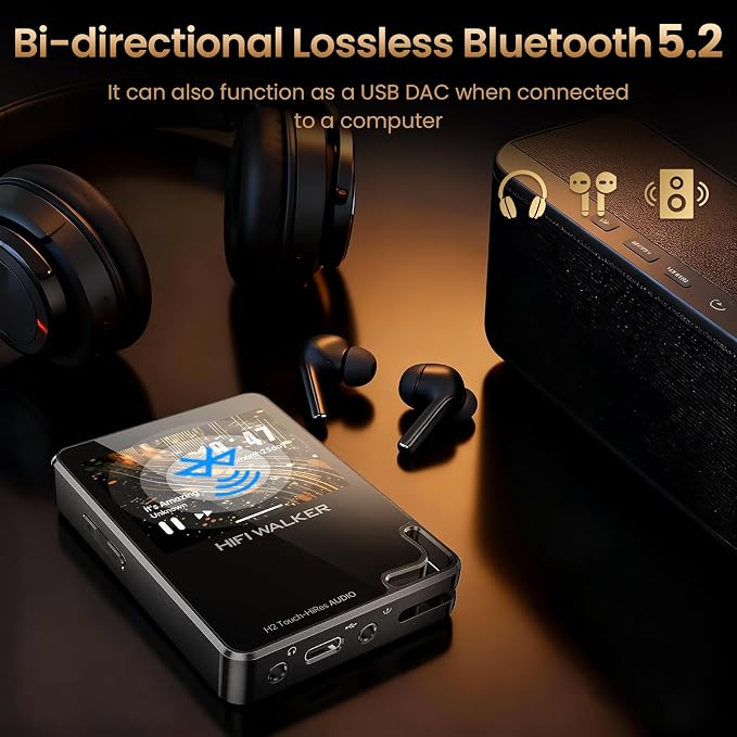 HIFI WALKER Hi-Res MP3 Player with Bluetooth, H2 Touch 2.4" HD Touchscreen, DSD/FLAC Lossless Audio Player, 128GB SD Card Included, Supports up to 512GB