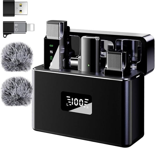2 Wireless Lavalier Microphone for iPhone Android Phone PC, Pro Lapel Mic System Mini, USB-C/Lightning, 48KHz 24Bit, 30H Battery, Noise Cancelling,Reverb for Video Recording Podcast Stream Vlog