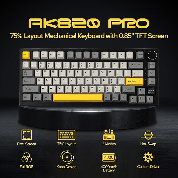EPOMAKER Ajazz AK820 Pro 75% Wireless Mechanical Keyboard with TFT Smart Display&Knob, Gasket-Mounted Gaming Keyboard, BT/2.4GHz/USB-C Wired (Grey, Flying Fish Switch)