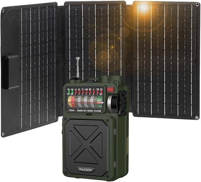 Raddy RE40 Portable Shortwave Radio FM/AM/SW/WB Receiver with 4000mAh Battery + SP30 30W Portable Solar Panel with Fast Charging