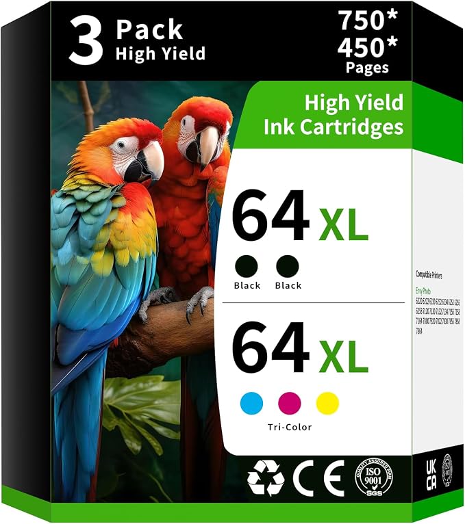 Caelum 64XL High Yield Ink Cartridge Replacement for Combo Pack HP 64XL HP64XL to Use with HP Envy Photo 7855 7858 7155 7120 7800 6252 6255 7158 7100 7164 (3 Pack, Black Tri-Color)