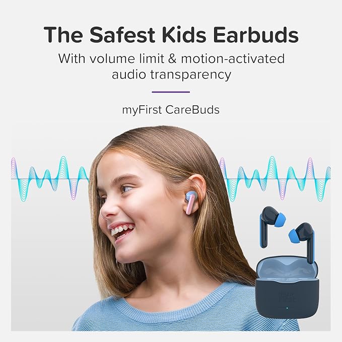myFirst CareBuds Kids Wireless Earbuds, Bluetooth 5.3 85dB Volume Limiting Earbuds for Kids Ages 3-12 Safe Hearing Protection, 36H Playtime, Small Ear Fit, IPX4 Waterproof, Easy Pairing