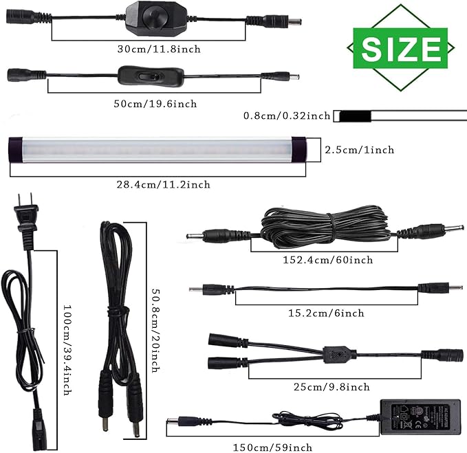 AIBOO LED Under Cabinet lighting Kit, Plug in Strip Lights with Dimmer Switch for Kitchen Cabinet Counter, Closet, bedroom lighting.（24w-8 bars kit-6000K）