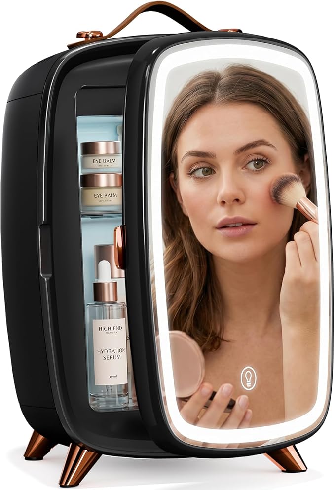 Antarctic Star 6L/8 Cans Makeup Mini Refrigerator with Dimmable LED Light Mirror for Bedroom, Car, Office & Dorm,Portable Small Cooler for Cosmetics,Skin Care,BLACK