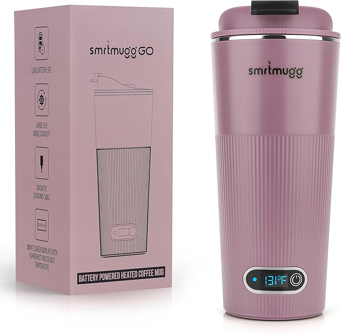 SmrtMugg GO Heated Coffee Mug, Travel Mug, 13.5 OZ. Smart Mug, Battery Powered Heated Coffee Mug, Great for Coffee and Tea, Snap on Magnetic Charging Cord, Adjustable Temperature (Lilac)