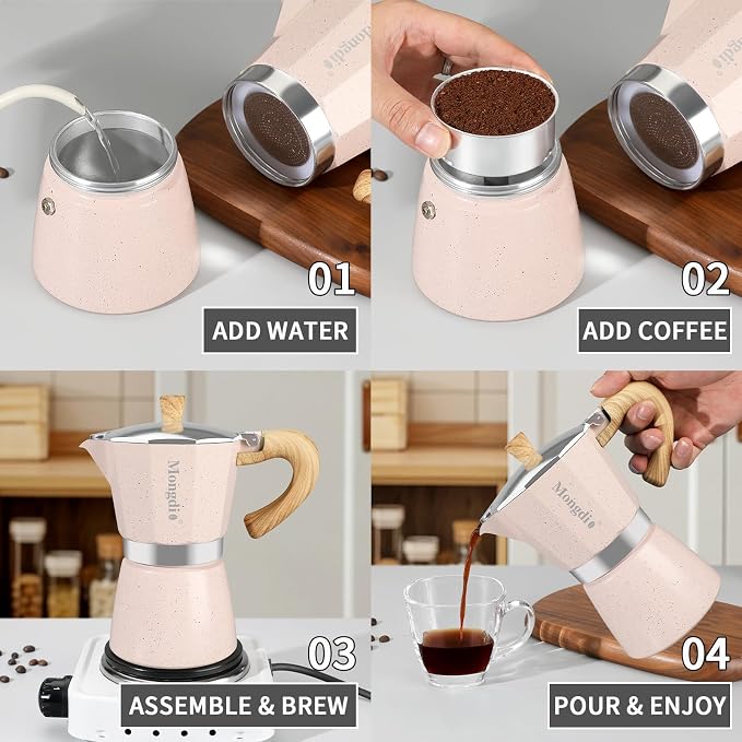 Mongdio Stovetop Espresso Maker Moka Pot, Cuban Coffee Maker Stove top coffee maker Moka Italian Espresso Greca Coffee Maker Brewer Percolator, 6 Espresso Cups, 10 oz - Pink