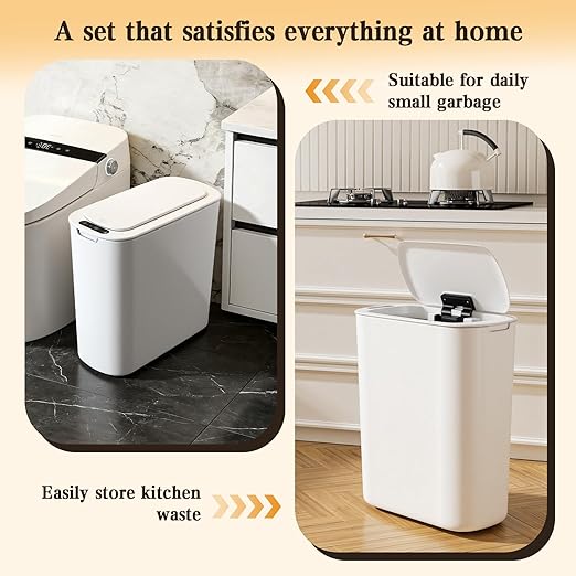 VZZNN 2 Pack Bathroom Trash Can with Lid 5Gal + 2.6Gal Bathroom Trash can - Touchless Smart Motion Sensor Trash can for Office, rv, Bedroom, Living Room, （White ）