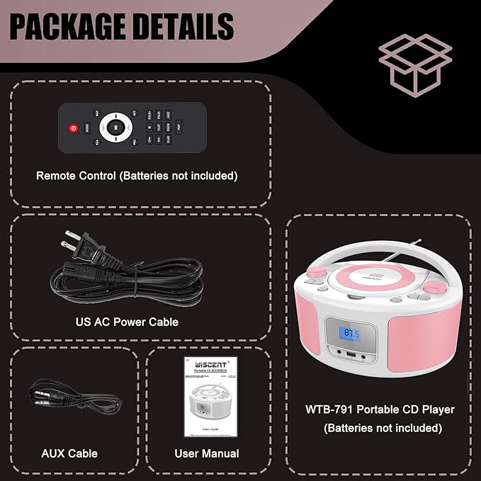 Portable CD Player Boombox with Bluetooth, FM Radio Stereo, Remote Control, USB Input and 3.5mm AUX Headphone Jack, Programmable CD Player, 4 watts of Audio, AC/Battery Powered