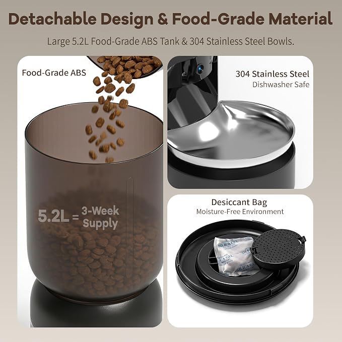 Automatic Cat Feeder with Camera, 5.2L Smart Cat Food Dispenser for Multi-Pet Homes, 170° Wide Angle Night Vision Auto Cat Feeder for Cats and Dogs, 5G WiFi App Remote Control for Busy Families, Black