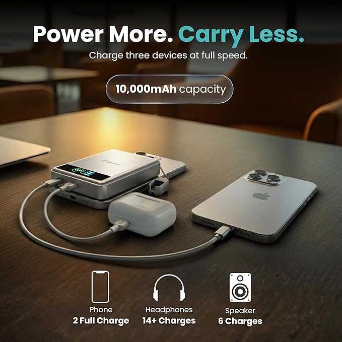 10K Magnetic Power Bank, Silver, Qi2 Certified 15W Wireless Charger, LCD Display, Solid-State Battery for Safer Travel, Ultra-Slim USB-C Fast Charging Portable Charger for iPhone 17/16/18