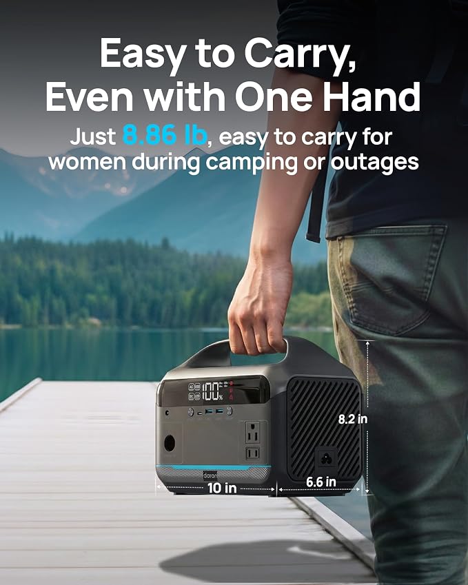 DaranEner Portable Power Station 600W, 288Wh LiFePO4 Battery Backup Power w/2×600W AC Outlets (1200W Surge), 2.2H Fast Charging, Solar Generator for Outdoor Camping/RVs/Home Emergency (Solar Optional)