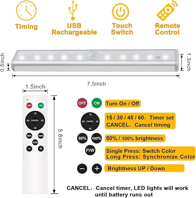 Diomart Under Cabinet Lighting with Remote, 3 Color Temps,4 Pcs | Wireless Rechargeable, 20-LED Dimmable, 10 Level Brightness, Magnetic Stick-on Anywhere, Touch Night Light Kitchen, Wardrobe