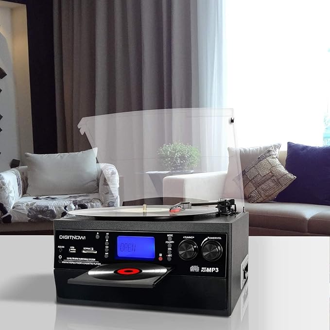 DIGITNOW 9-in-1 Record Player with Stereo Speaker, 3-Speed Turntable for Vinyl, CD/Cassette Player, Bluetooth, USB/SD Playback, AM/FM Radio, Aux-in, Remote Control (Black)