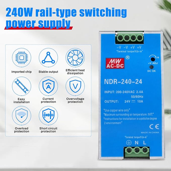 ZPSHYD ZPSHYD DIN Rail Power Supply, 240W 24V 10A Industrial AC to DC Converter Multiple Protections 100-220V Input for LED Lighting, CCTV, 3D Printer, CNC Machine