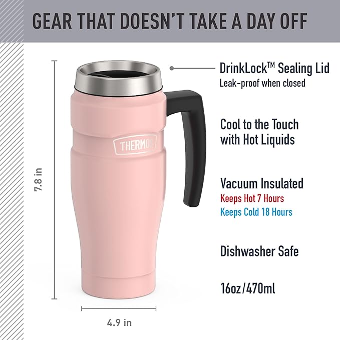 THERMOS Stainless King Vacuum-Insulated Travel Mug with Handle - 16oz, Matte Pink Tumbler for Hot & Cold Drinks - Leak & Sweat-Proof Stainless Steel Coffee Mug with Lid for Commuting