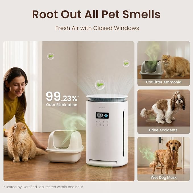 Provirtec Pawtent Pro Pet Air Purifier, 2-Year Filter Life, 99.23% Pet Odor & 99.97% Allergies & 99.70% Pet Hair Reduction, H13 True HEPA, Large Room up to 1800 ft², Auto Mode for Cats Dogs Home