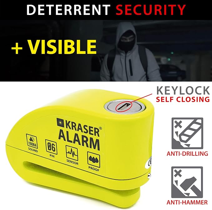 KRASER KR6Y Alarm Disc Lock, Reinforced Disc Brake Lock with 3 Keys (Others 2), Heavy Duty Anti-Theft Motorcycle with Alarm,110dB, Weather-Resistant, Reminder Cable, Pouch, Motorbike Moped E-Bike