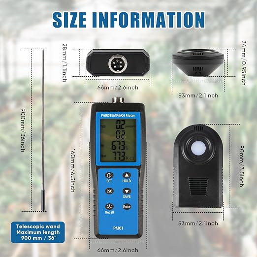 Quantum PAR Meter with 36 inch Telescopic Wand for LED Testing in Grow Room | 400-700nm Wavelengths Range, Temperature and Humidity Display, PPFD Meter for Easy Testing in Tent, Room, Greenhouse