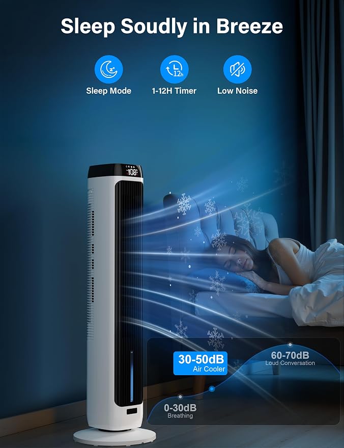 PNTCK 41" Evaporative Air Cooler, Bladeless Tower Fan Cooling Fan with 3 Speeds & 5 Modes, Ice Packs, 12H Timer, Remote, 80° Oscillating, 3-IN-1 Swamp Cooler for Bedroom Office Large Room
