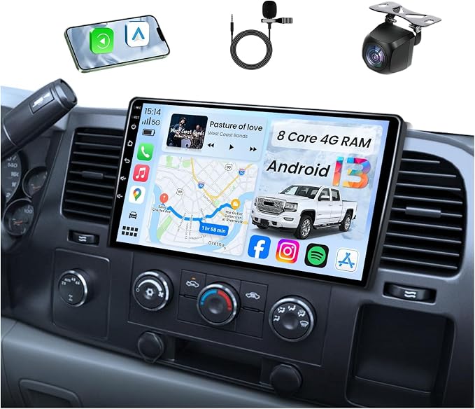8Core 4+64GB QLED Radio for 2007-2013 Chevy Silverado 1500: Tahoe Equinox GMC Sierra Yukon 10.1" HD IPS Touchscreen Wireless Carplay&Android Auto GPS 5G WiFi Bluetooth FM/AM DSP SWC Backup Camera