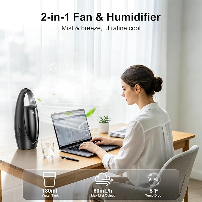 KONSIDEN Bladeless Misting Desk Fan, 13 Inch Rechargeable 3500mAh Quiet Small Personal Table Fan, 9 Speeds & 9H Timer, 60° Oscillation, 180ml Water Tank & Night Light for Bedroom Office Home Outdoor