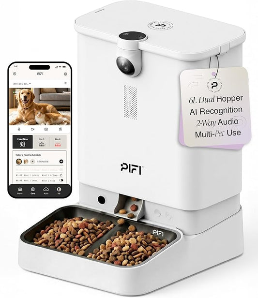 PiFi Automatic Cat Feeder with Camera for 3 Cats & Dogs, 6L Dual Dispenser, AI Recognition, 5GHz and 2.4GHz WiFi App Control, 1080p Dual Cameras, Night Vision, Two-Way Audio