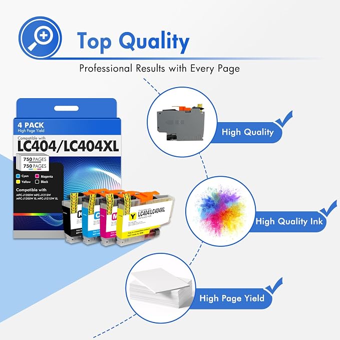 LC404 LC404XL Ink Cartridges for Brother Printer 404 XL LC 404XL for MFC-J1205W MFC-J1215W MFC J1205W J1215W 4 Pack High Yields Black Cyan Magenta Yellow