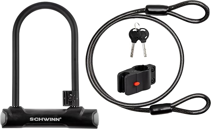 Schwinn Bike U-Lock with Cable, 4 ft x 10 mm Cable, Black, Vinyl Coated Steel Shackle, Mounting Bracket for Storage and Transport, Anti Theft Protection, Shackle Bike Lock for Security
