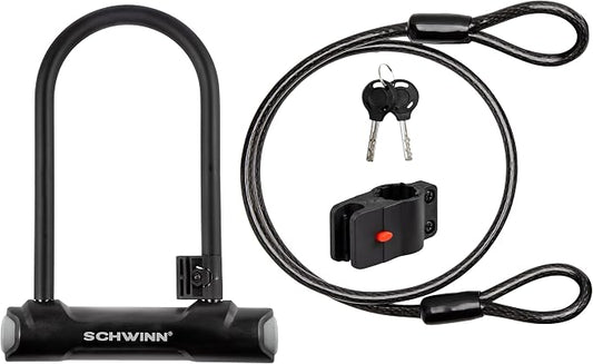 Schwinn Bike U-Lock with Cable, 4 ft x 10 mm Cable, Black, Vinyl Coated Steel Shackle, Mounting Bracket for Storage and Transport, Anti Theft Protection, Shackle Bike Lock for Security