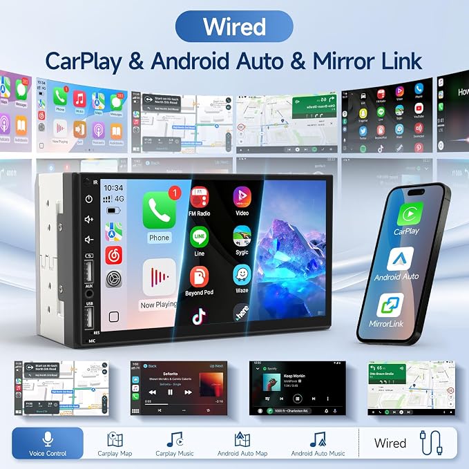 Leadfan Double Din Car Stereo Radio Support Apple Carplay&Android Auto, 7inch HD Touchscreen Double Din Radio with Bluetooth, Car Audio Receivers, Camera, MirrorLink, FM Radio, 2 USB/TF/AUX/Subwoofer