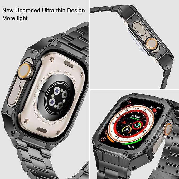 BAITEYOU Stainless Steel Watch Band with Case Compatible with Apple Watch Ultra 3 2 1 band (49mm), Rugged Strap with Metal Protective Bumper Cover for iWatch Bands Men (Grey)