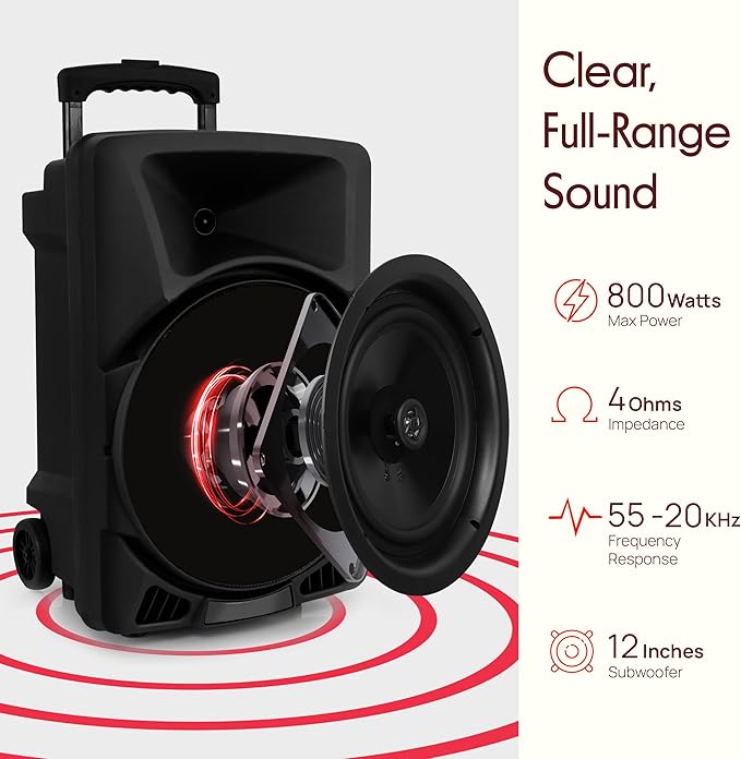 Pyle Wireless Portable PA Speaker System - 800W Powered Bluetooth Indoor & Outdoor DJ Stereo Loudspeaker with MP3 AUX 3.5mm Input, Flashing Party Light & FM Radio-PPHP1244B,Black